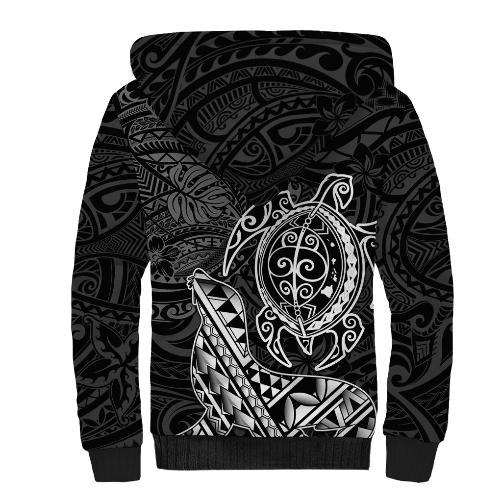 Hawaii Monk Seal and Dolphin Sherpa Hoodie Polynesian Kakau Pattern Black White Color