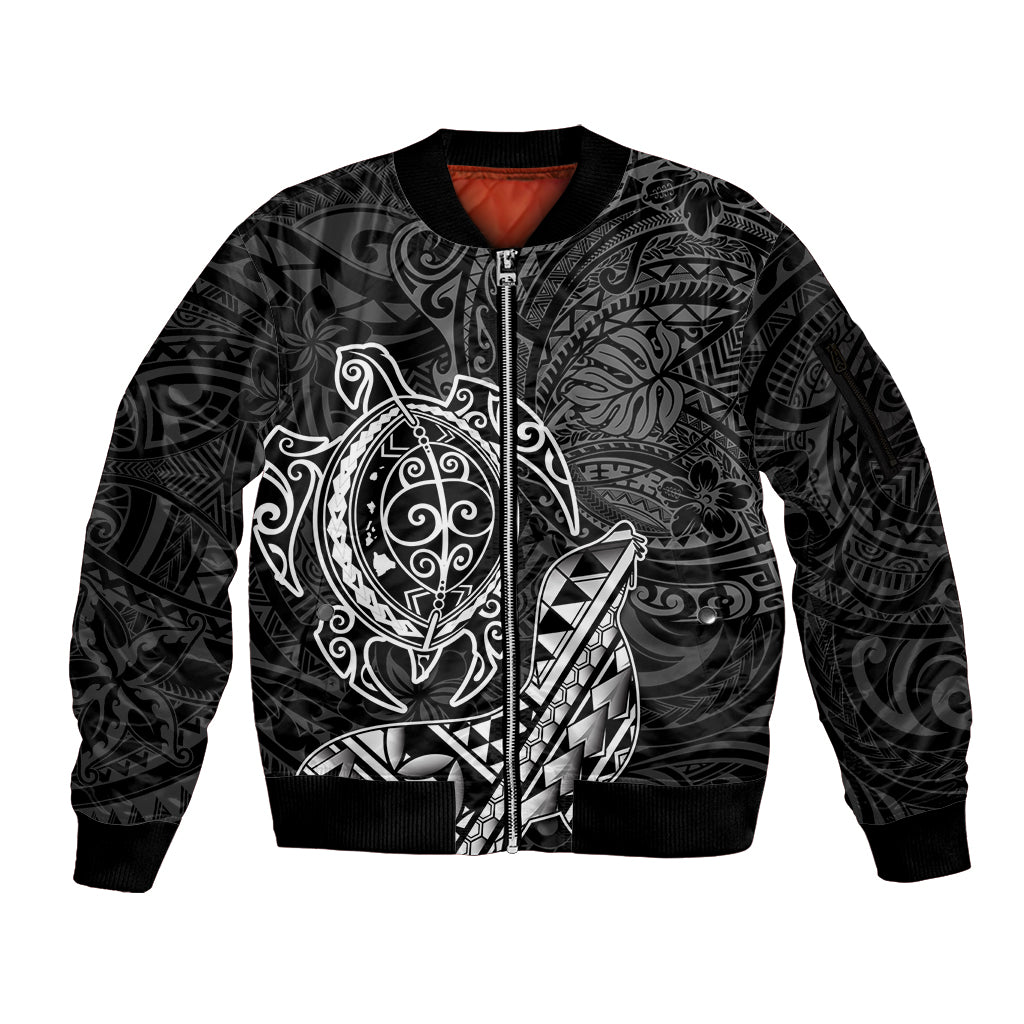 Hawaii Monk Seal and Dolphin Sleeve Zip Bomber Jacket Polynesian Kakau Pattern Black White Color