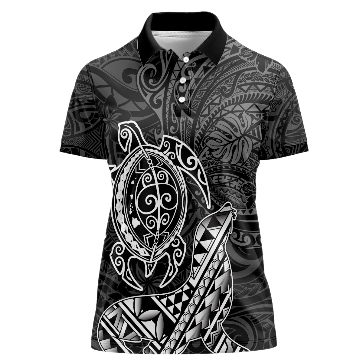 Hawaii Monk Seal and Dolphin Women Polo Shirt Polynesian Kakau Pattern Black White Color