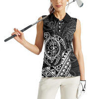 Hawaii Monk Seal and Dolphin Women Sleeveless Polo Shirt Polynesian Kakau Pattern Black White Color