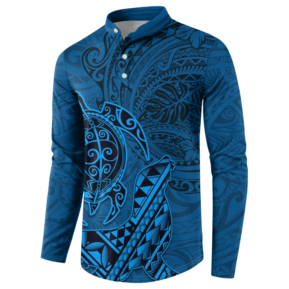 Hawaii Monk Seal and Dolphin Button Sweatshirt Polynesian Kakau Pattern Blue
