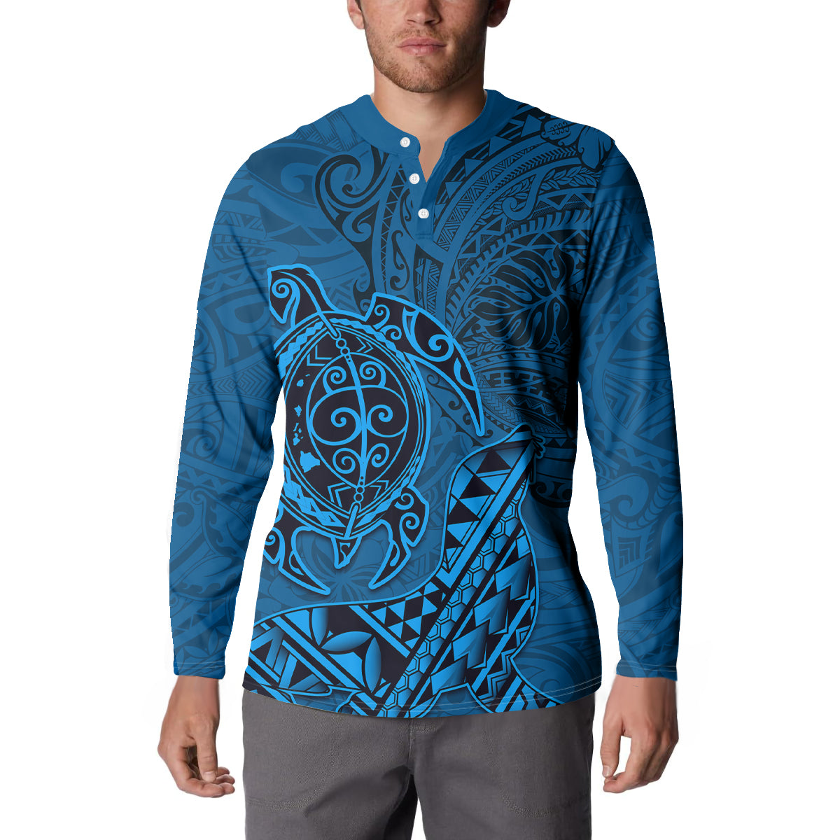 Hawaii Monk Seal and Dolphin Button Sweatshirt Polynesian Kakau Pattern Blue