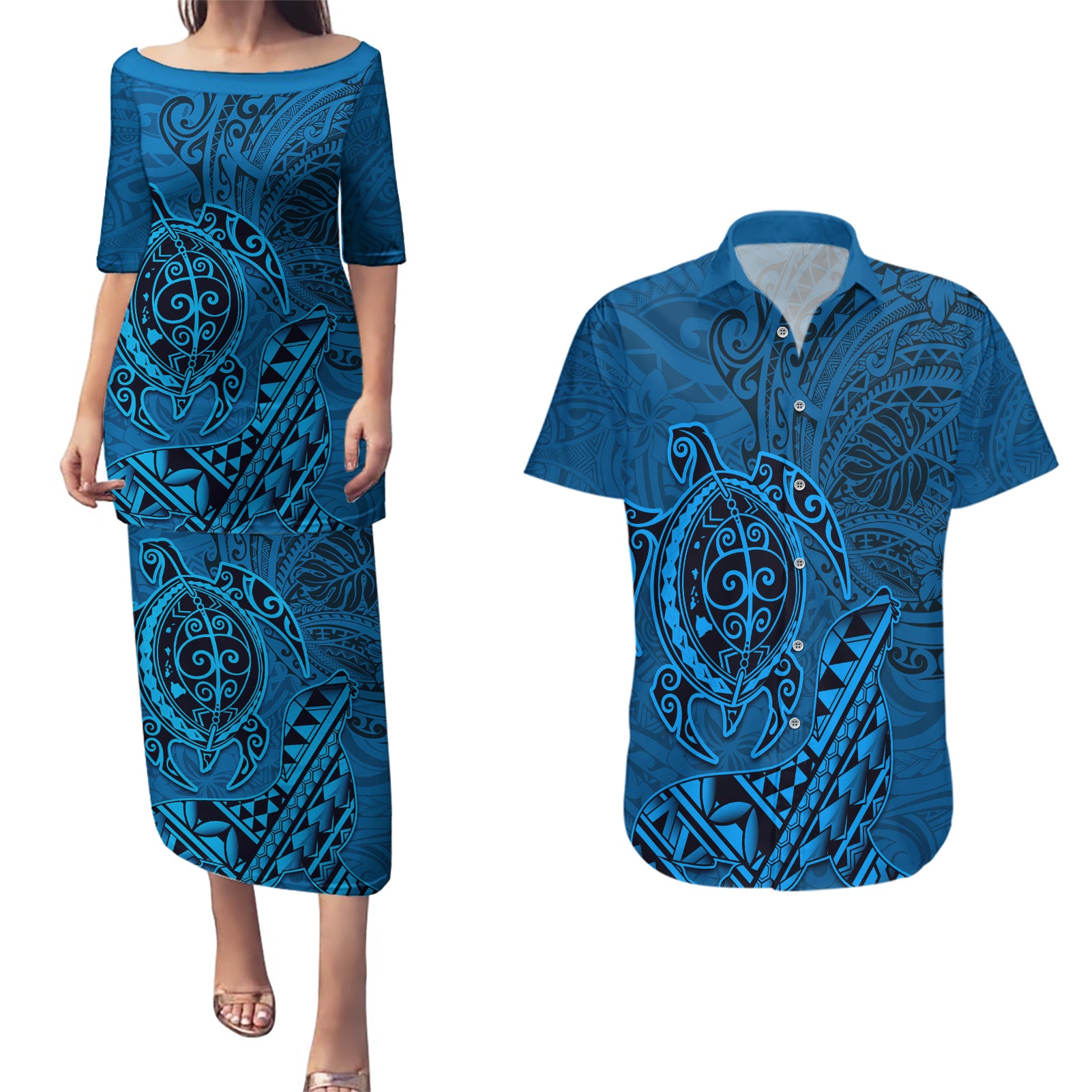 Hawaii Monk Seal and Dolphin Couples Matching Puletasi and Hawaiian Shirt Polynesian Kakau Pattern Blue
