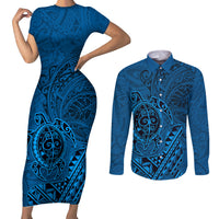 Hawaii Monk Seal and Dolphin Couples Matching Short Sleeve Bodycon Dress and Long Sleeve Button Shirt Polynesian Kakau Pattern Blue