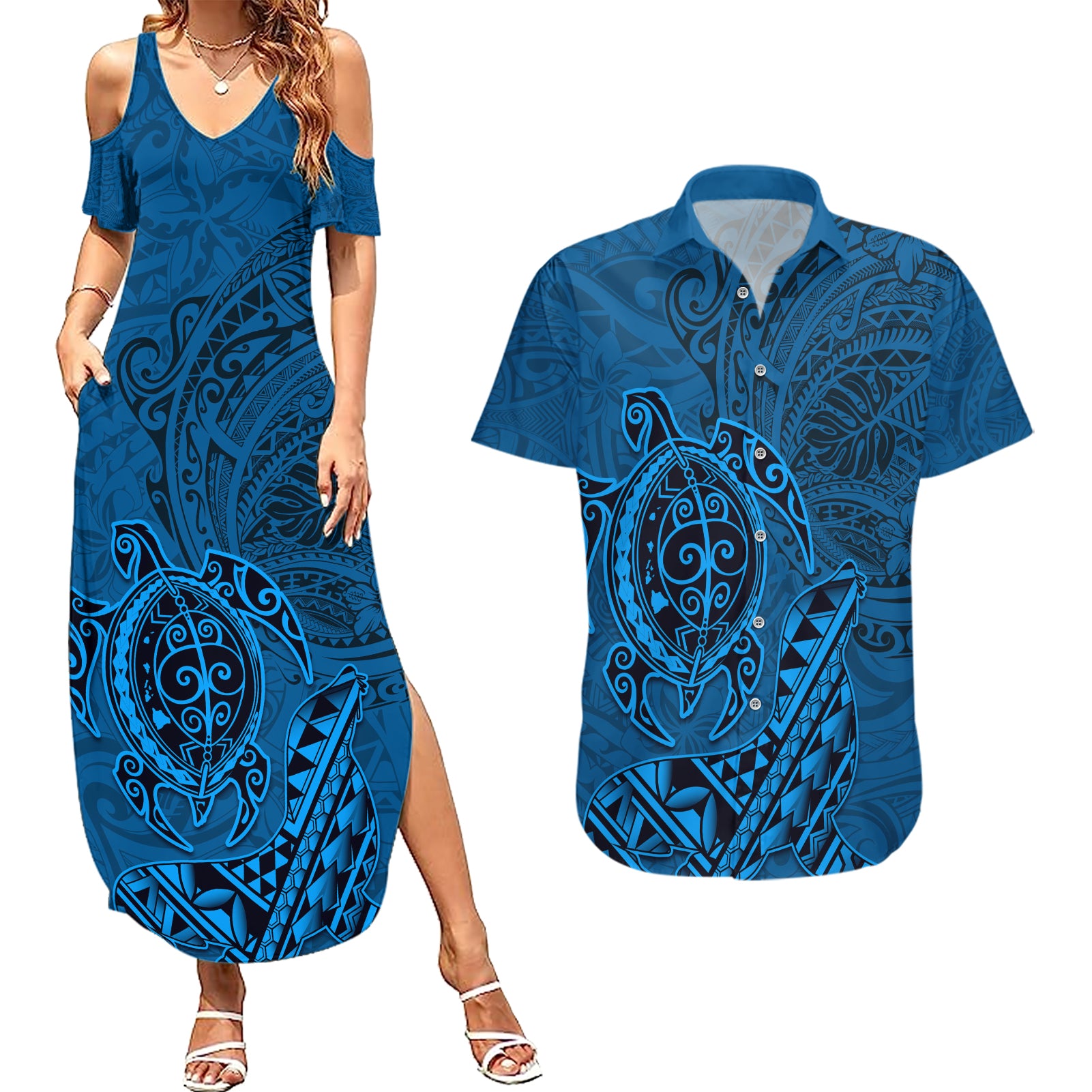 Hawaii Monk Seal and Dolphin Couples Matching Summer Maxi Dress and Hawaiian Shirt Polynesian Kakau Pattern Blue