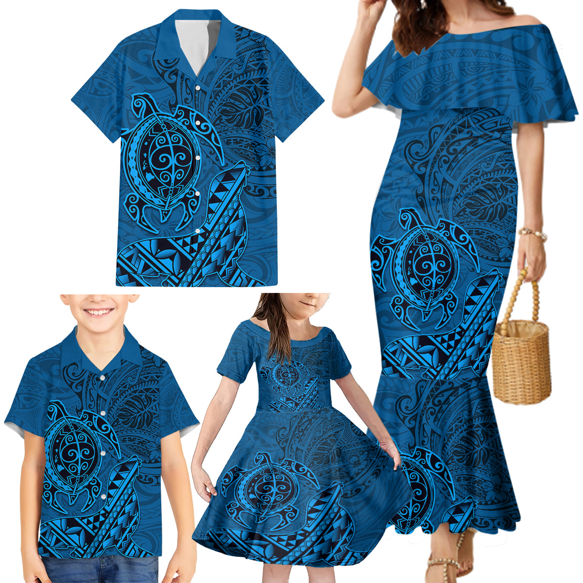 Hawaii Monk Seal and Dolphin Family Matching Mermaid Dress and Hawaiian Shirt Polynesian Kakau Pattern Blue