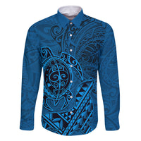 Hawaii Monk Seal and Dolphin Family Matching Off The Shoulder Long Sleeve Dress and Hawaiian Shirt Polynesian Kakau Pattern Blue