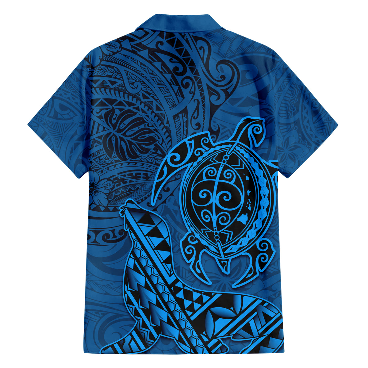 Hawaii Monk Seal and Dolphin Hawaiian Shirt Polynesian Kakau Pattern Blue