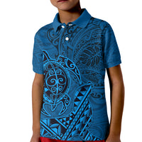 Hawaii Monk Seal and Dolphin Kid Polo Shirt Polynesian Kakau Pattern Blue