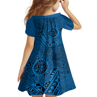 Hawaii Monk Seal and Dolphin Kid Short Sleeve Dress Polynesian Kakau Pattern Blue