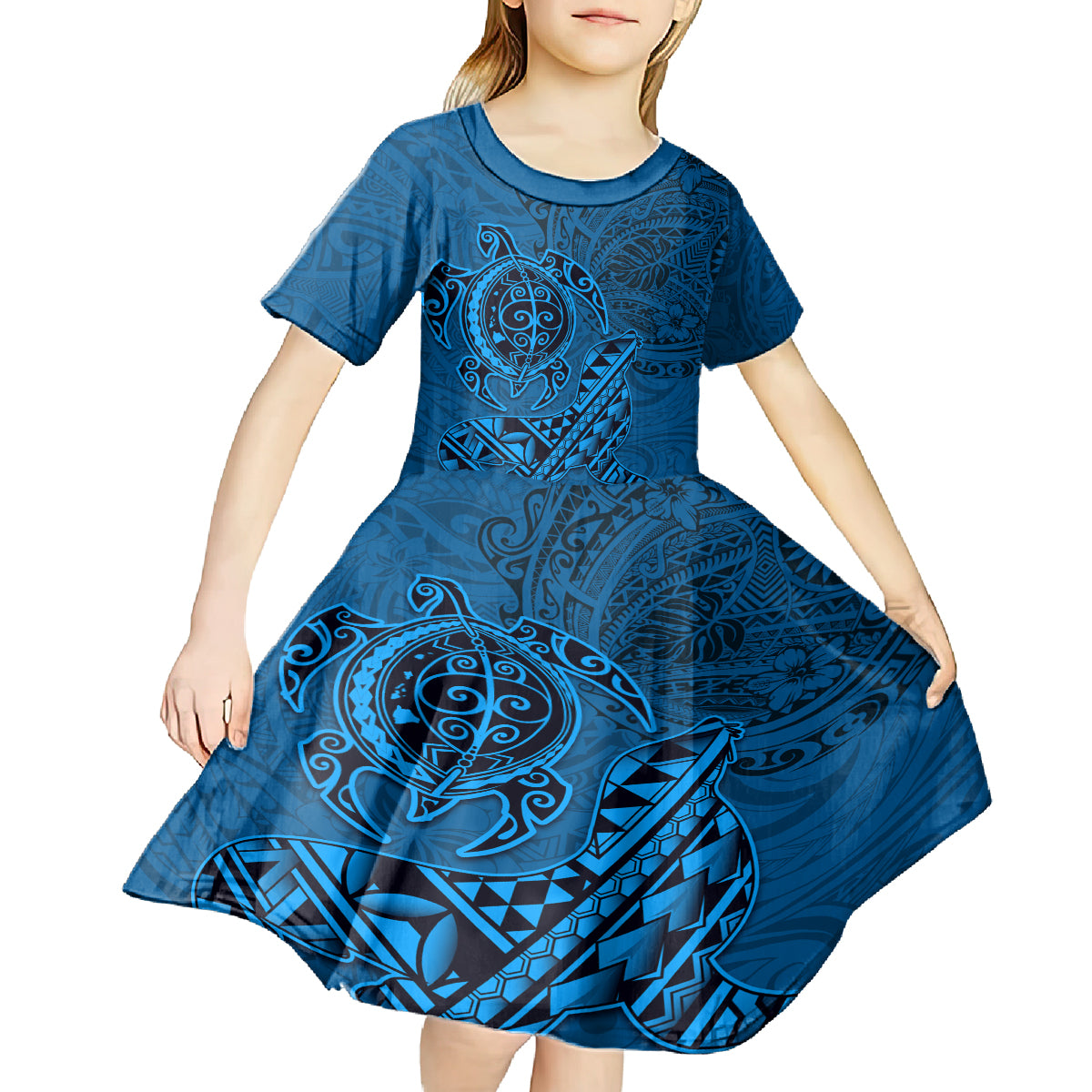 Hawaii Monk Seal and Dolphin Kid Short Sleeve Dress Polynesian Kakau Pattern Blue