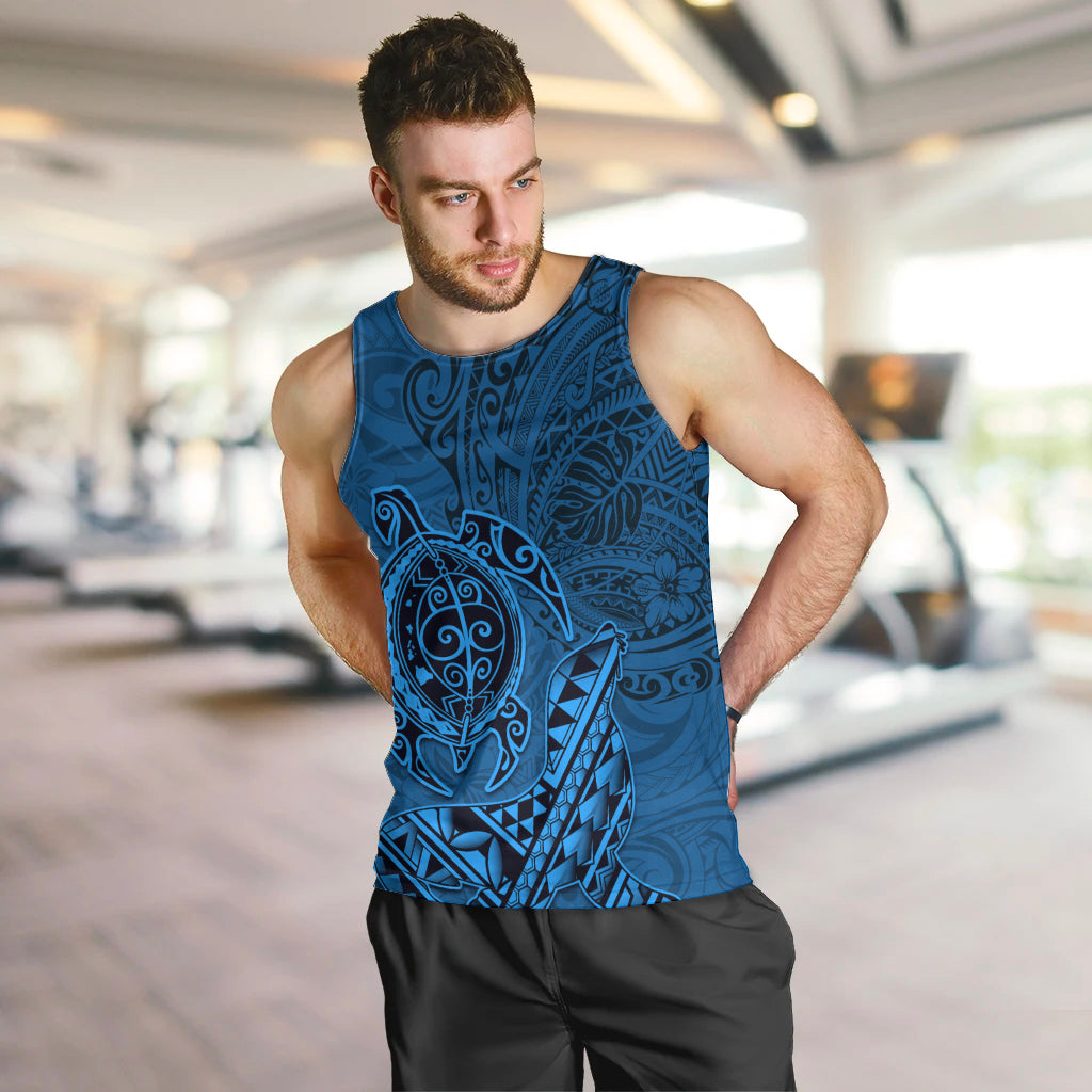 Hawaii Monk Seal and Dolphin Men Tank Top Polynesian Kakau Pattern Blue