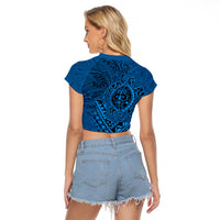 Hawaii Monk Seal and Dolphin Raglan Cropped T Shirt Polynesian Kakau Pattern Blue