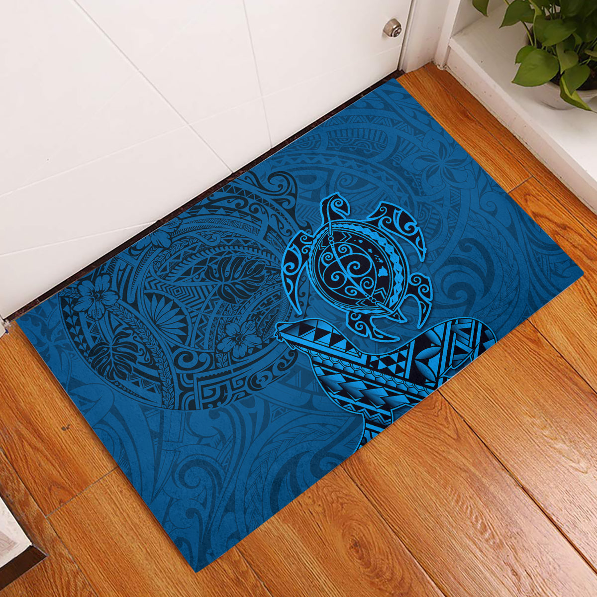 Hawaii Monk Seal and Dolphin Rubber Doormat Polynesian Kakau Pattern Blue