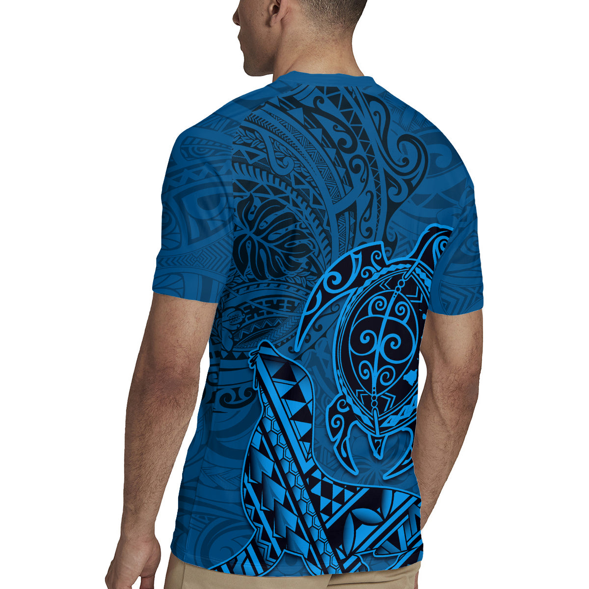 Hawaii Monk Seal and Dolphin Rugby Jersey Polynesian Kakau Pattern Blue