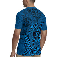 Hawaii Monk Seal and Dolphin Rugby Jersey Polynesian Kakau Pattern Blue