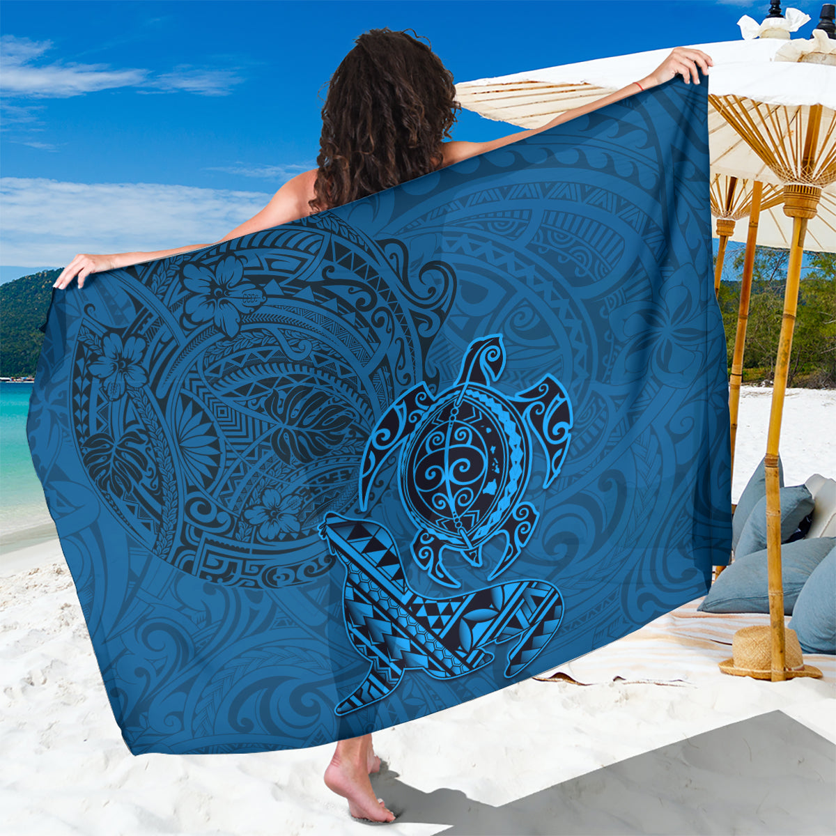 Hawaii Monk Seal and Dolphin Sarong Polynesian Kakau Pattern Blue