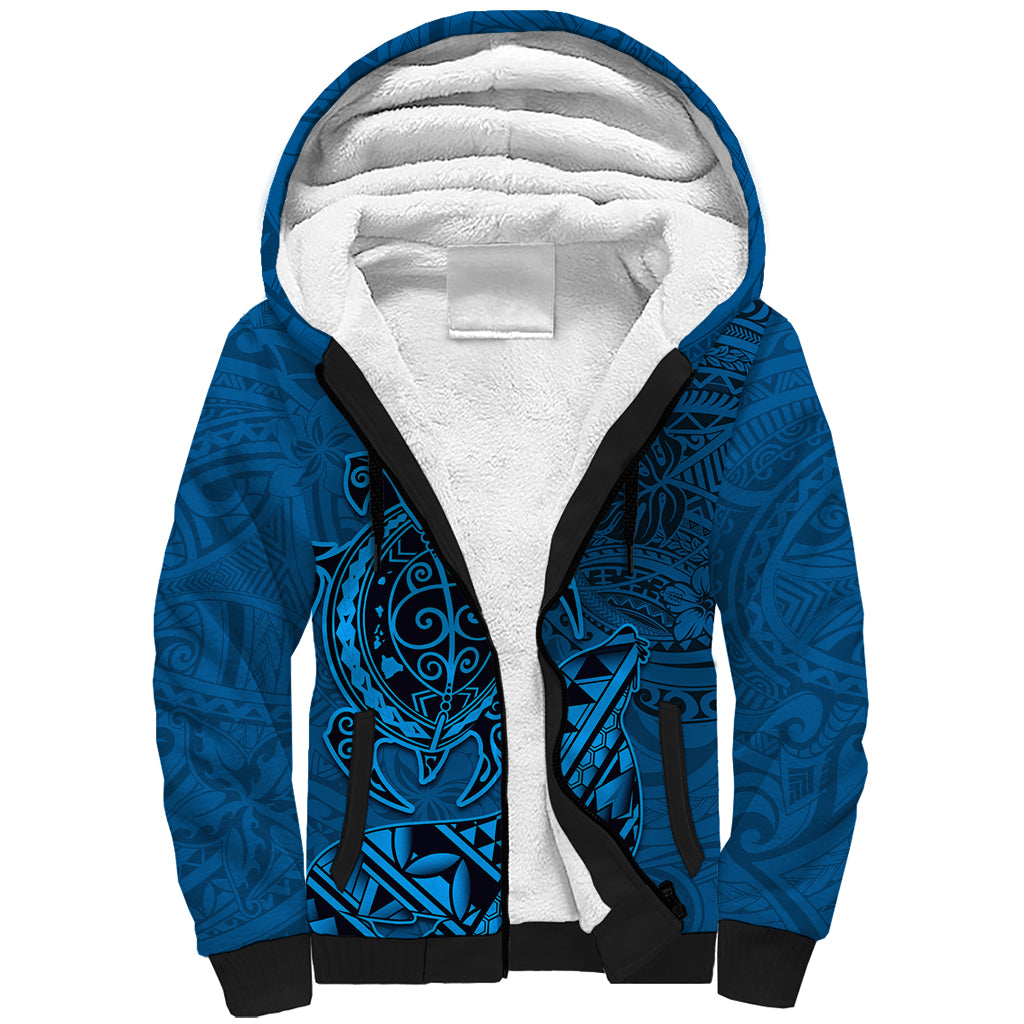 Hawaii Monk Seal and Dolphin Sherpa Hoodie Polynesian Kakau Pattern Blue