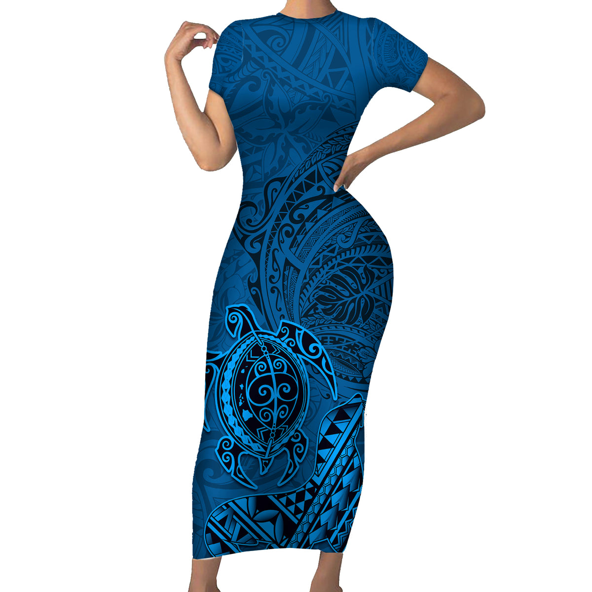 Hawaii Monk Seal and Dolphin Short Sleeve Bodycon Dress Polynesian Kakau Pattern Blue