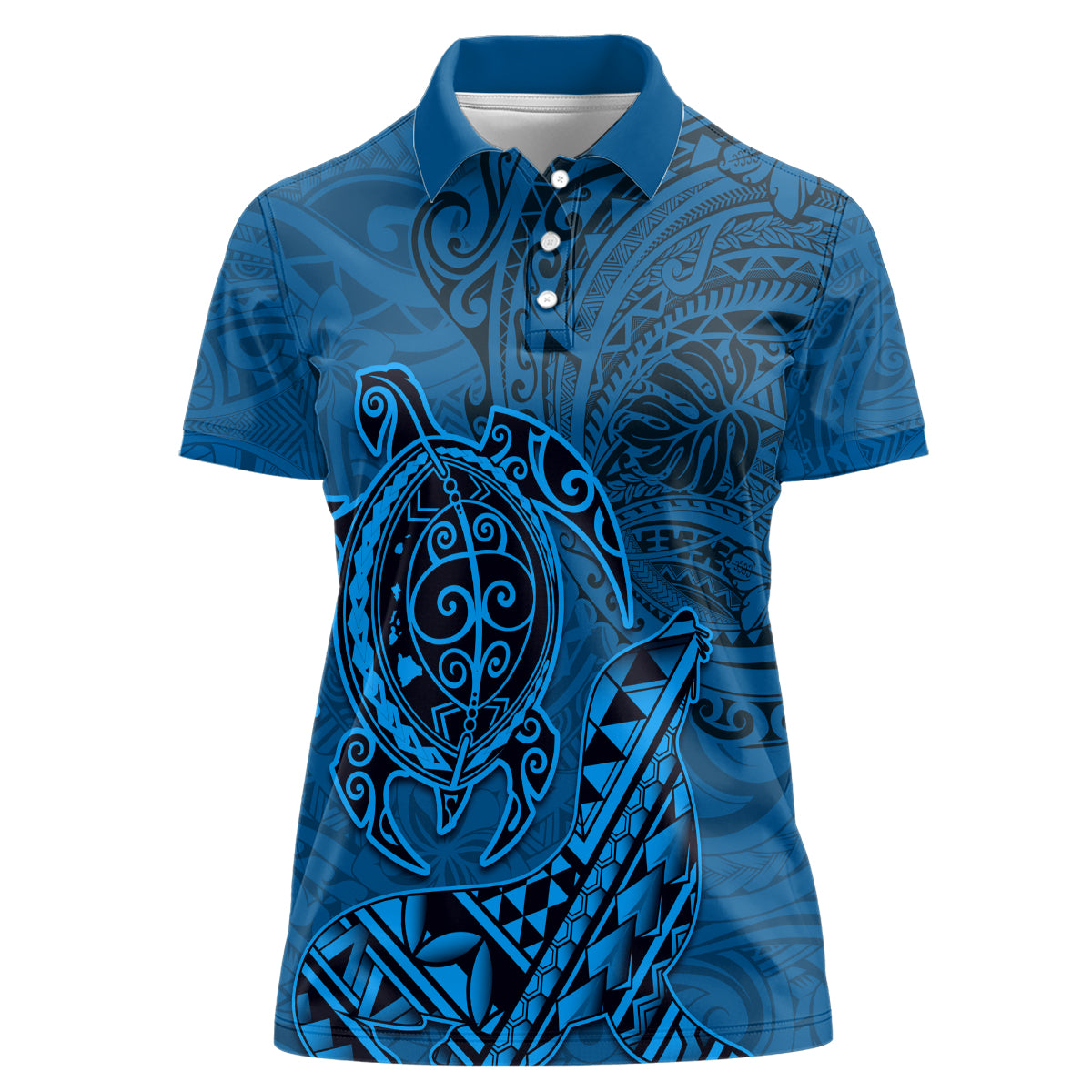 Hawaii Monk Seal and Dolphin Women Polo Shirt Polynesian Kakau Pattern Blue