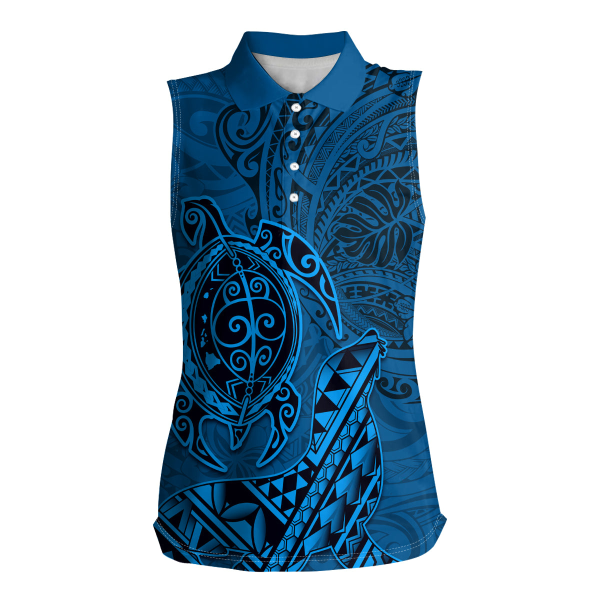 Hawaii Monk Seal and Dolphin Women Sleeveless Polo Shirt Polynesian Kakau Pattern Blue