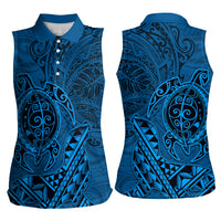 Hawaii Monk Seal and Dolphin Women Sleeveless Polo Shirt Polynesian Kakau Pattern Blue