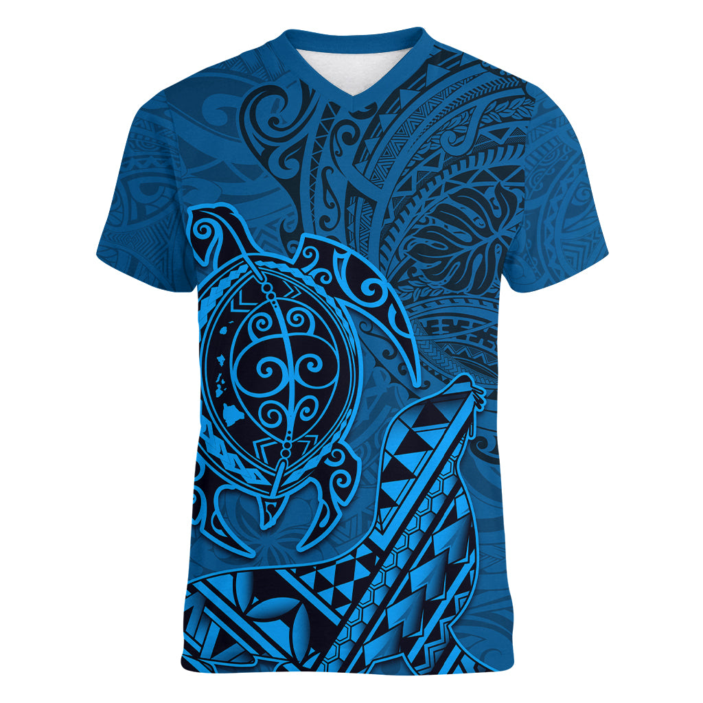 Hawaii Monk Seal and Dolphin Women V-Neck T-Shirt Polynesian Kakau Pattern Blue