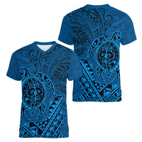 Hawaii Monk Seal and Dolphin Women V-Neck T-Shirt Polynesian Kakau Pattern Blue