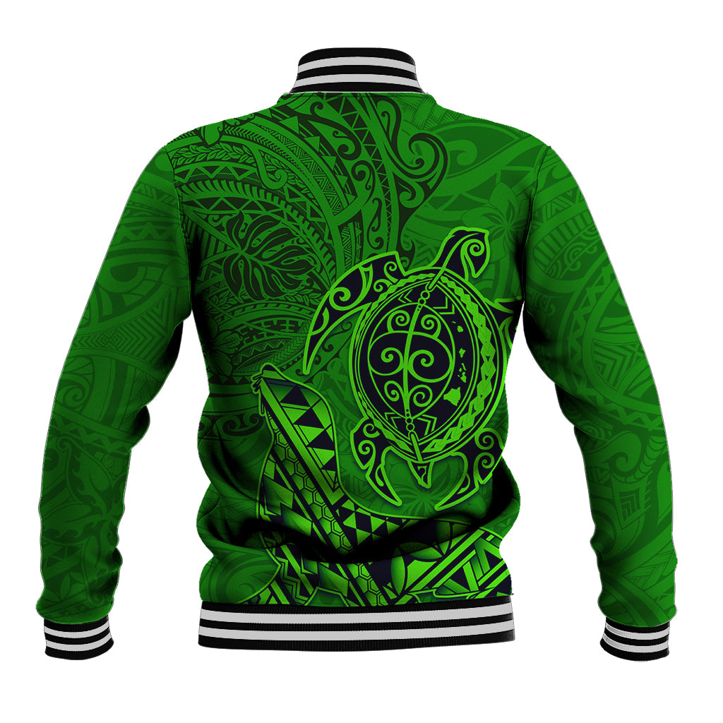 Hawaii Monk Seal and Dolphin Baseball Jacket Polynesian Kakau Pattern Green