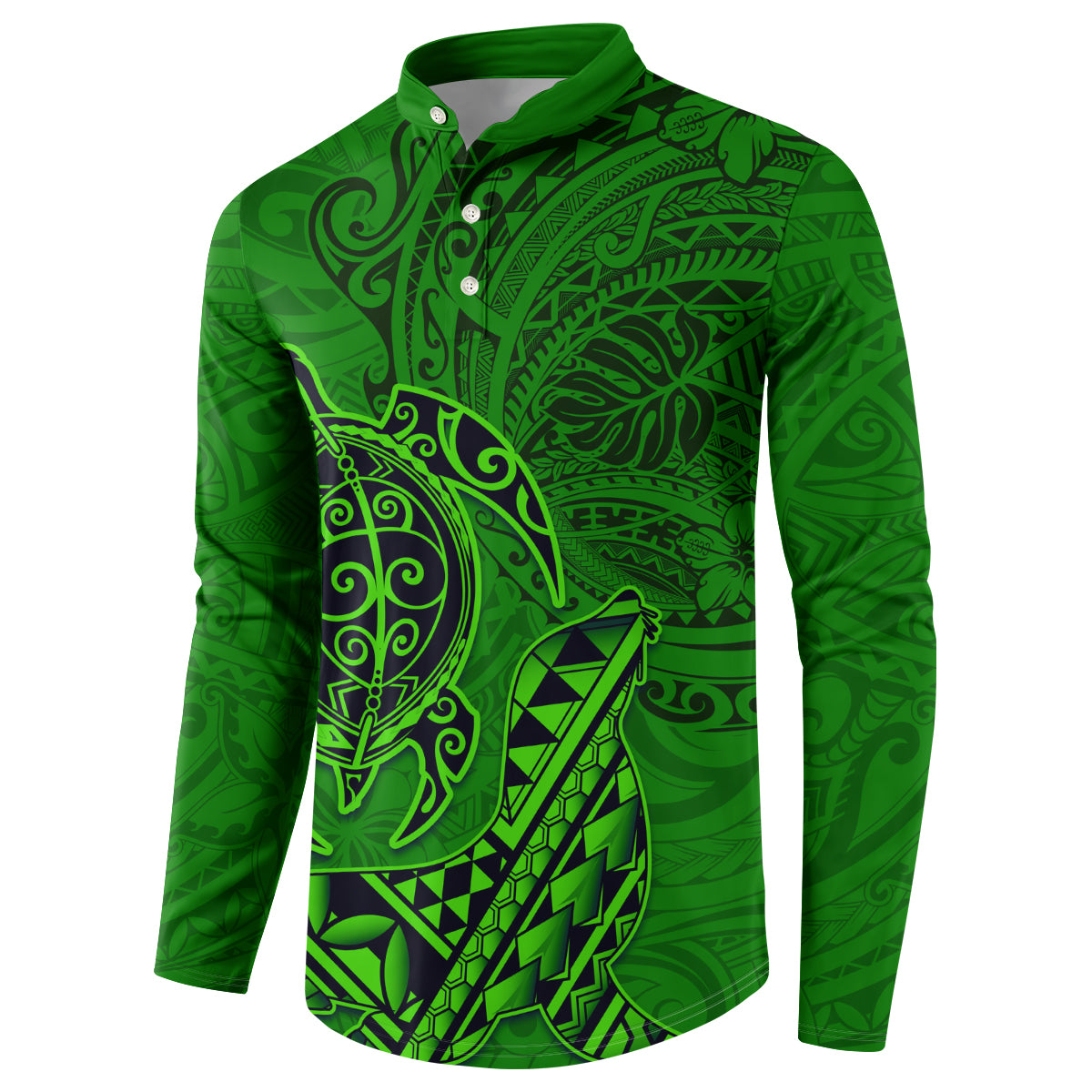 Hawaii Monk Seal and Dolphin Button Sweatshirt Polynesian Kakau Pattern Green