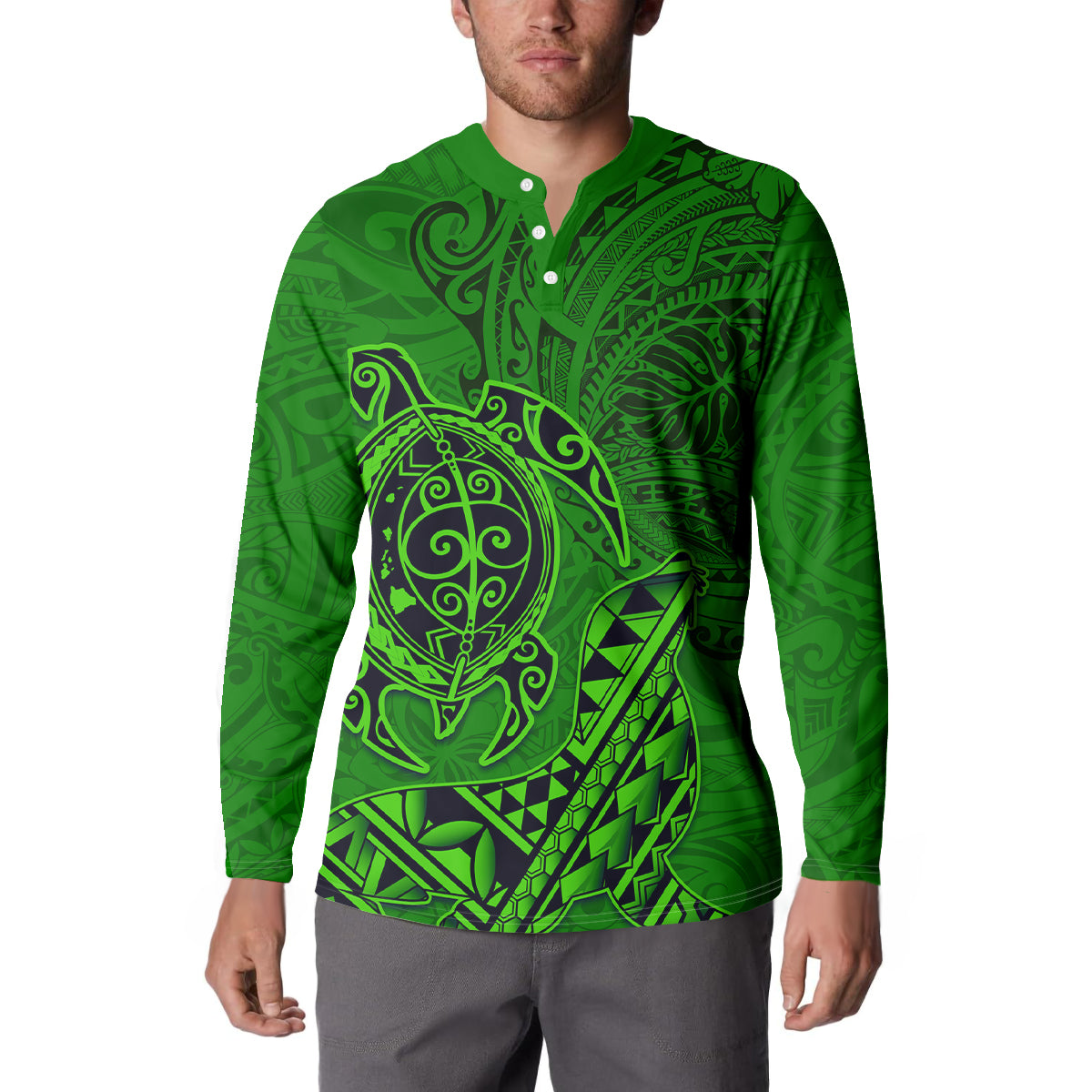 Hawaii Monk Seal and Dolphin Button Sweatshirt Polynesian Kakau Pattern Green