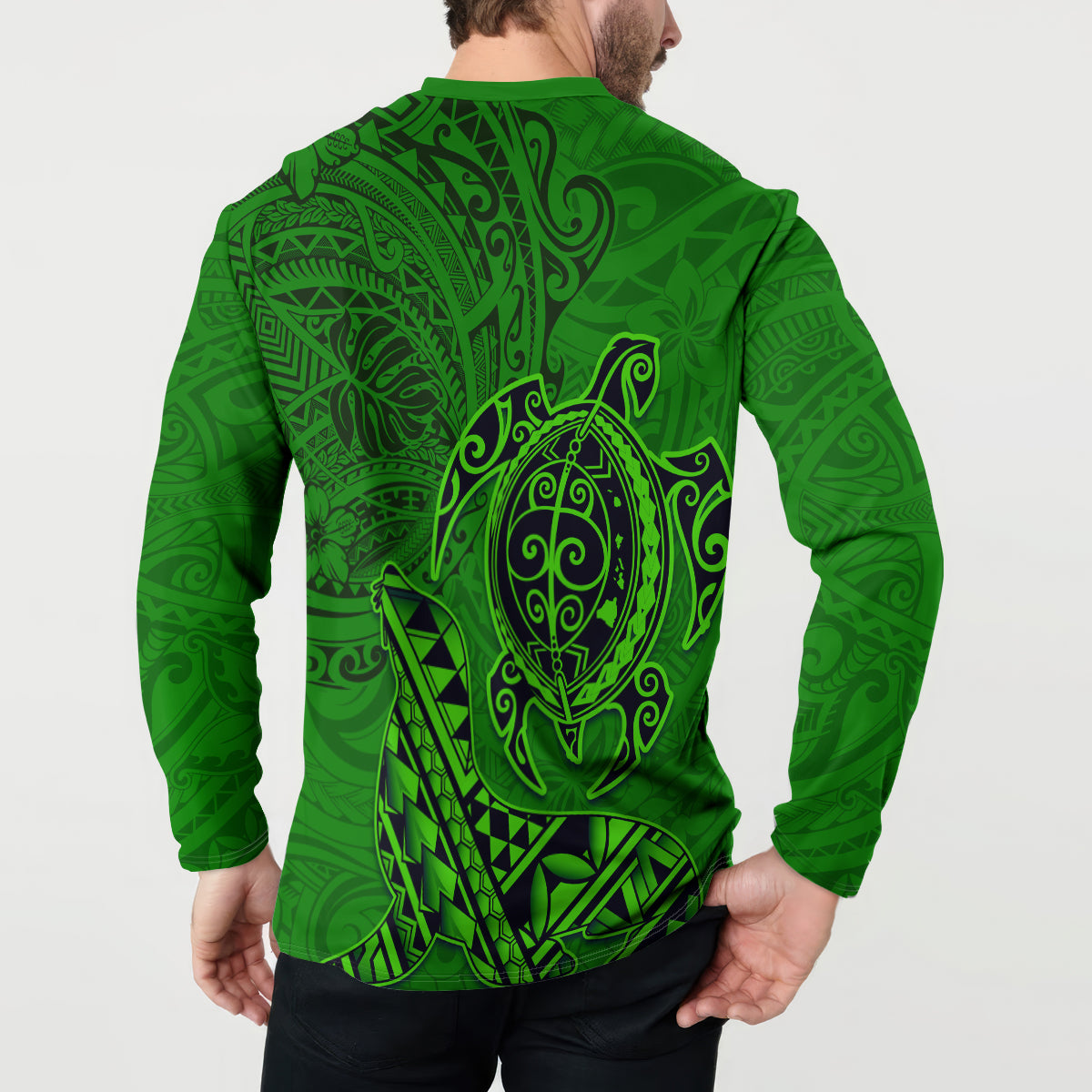 Hawaii Monk Seal and Dolphin Button Sweatshirt Polynesian Kakau Pattern Green