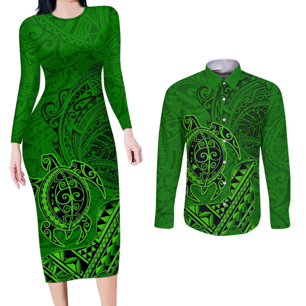 Hawaii Monk Seal and Dolphin Couples Matching Long Sleeve Bodycon Dress and Long Sleeve Button Shirt Polynesian Kakau Pattern Green