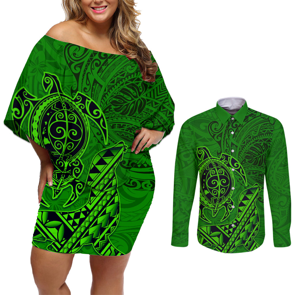 Hawaii Monk Seal and Dolphin Couples Matching Off Shoulder Short Dress and Long Sleeve Button Shirt Polynesian Kakau Pattern Green