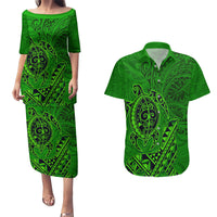 Hawaii Monk Seal and Dolphin Couples Matching Puletasi and Hawaiian Shirt Polynesian Kakau Pattern Green