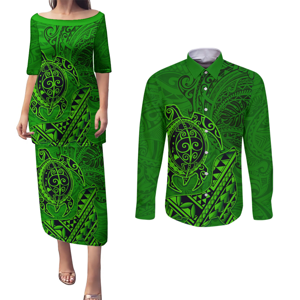 Hawaii Monk Seal and Dolphin Couples Matching Puletasi and Long Sleeve Button Shirt Polynesian Kakau Pattern Green