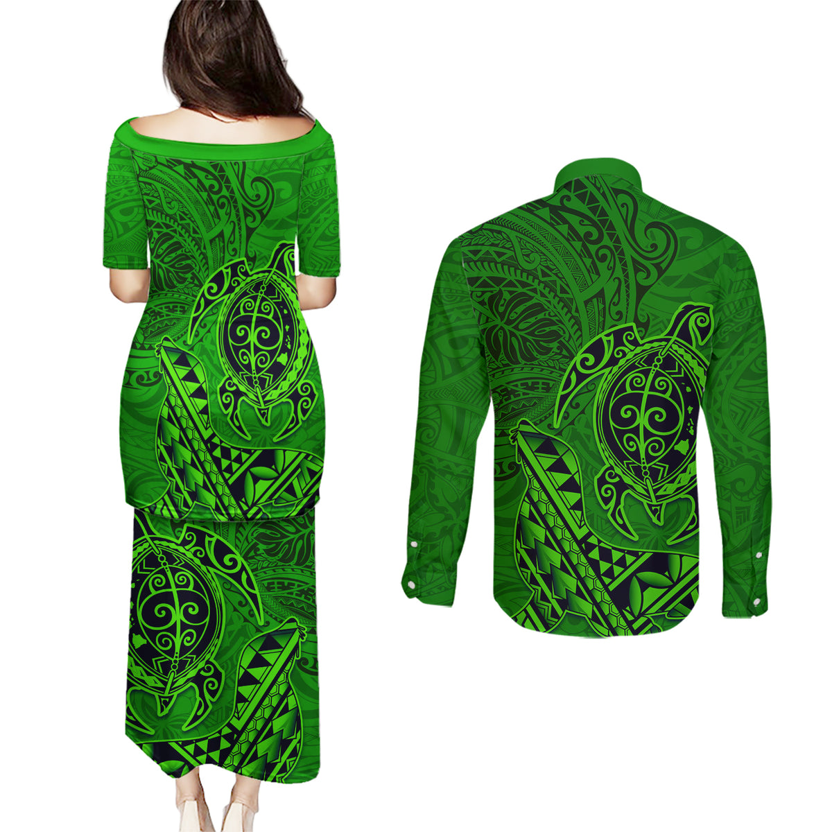 Hawaii Monk Seal and Dolphin Couples Matching Puletasi and Long Sleeve Button Shirt Polynesian Kakau Pattern Green