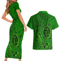 Hawaii Monk Seal and Dolphin Couples Matching Short Sleeve Bodycon Dress and Hawaiian Shirt Polynesian Kakau Pattern Green
