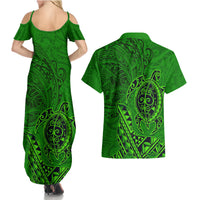 Hawaii Monk Seal and Dolphin Couples Matching Summer Maxi Dress and Hawaiian Shirt Polynesian Kakau Pattern Green