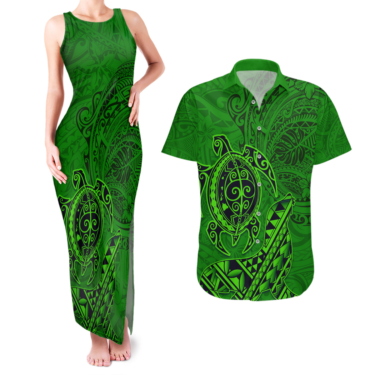 Hawaii Monk Seal and Dolphin Couples Matching Tank Maxi Dress and Hawaiian Shirt Polynesian Kakau Pattern Green