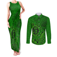 Hawaii Monk Seal and Dolphin Couples Matching Tank Maxi Dress and Long Sleeve Button Shirt Polynesian Kakau Pattern Green