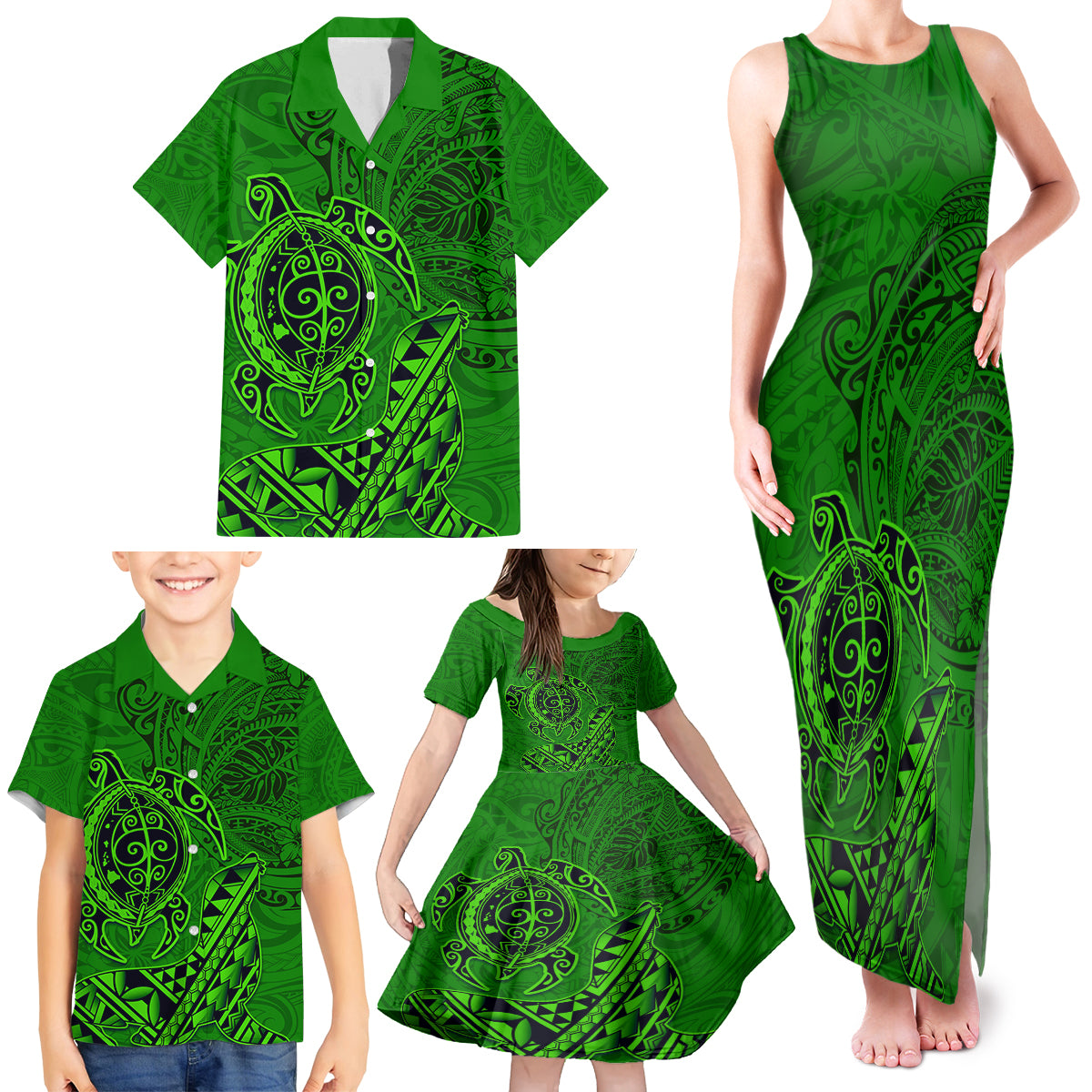 Hawaii Monk Seal and Dolphin Family Matching Tank Maxi Dress and Hawaiian Shirt Polynesian Kakau Pattern Green