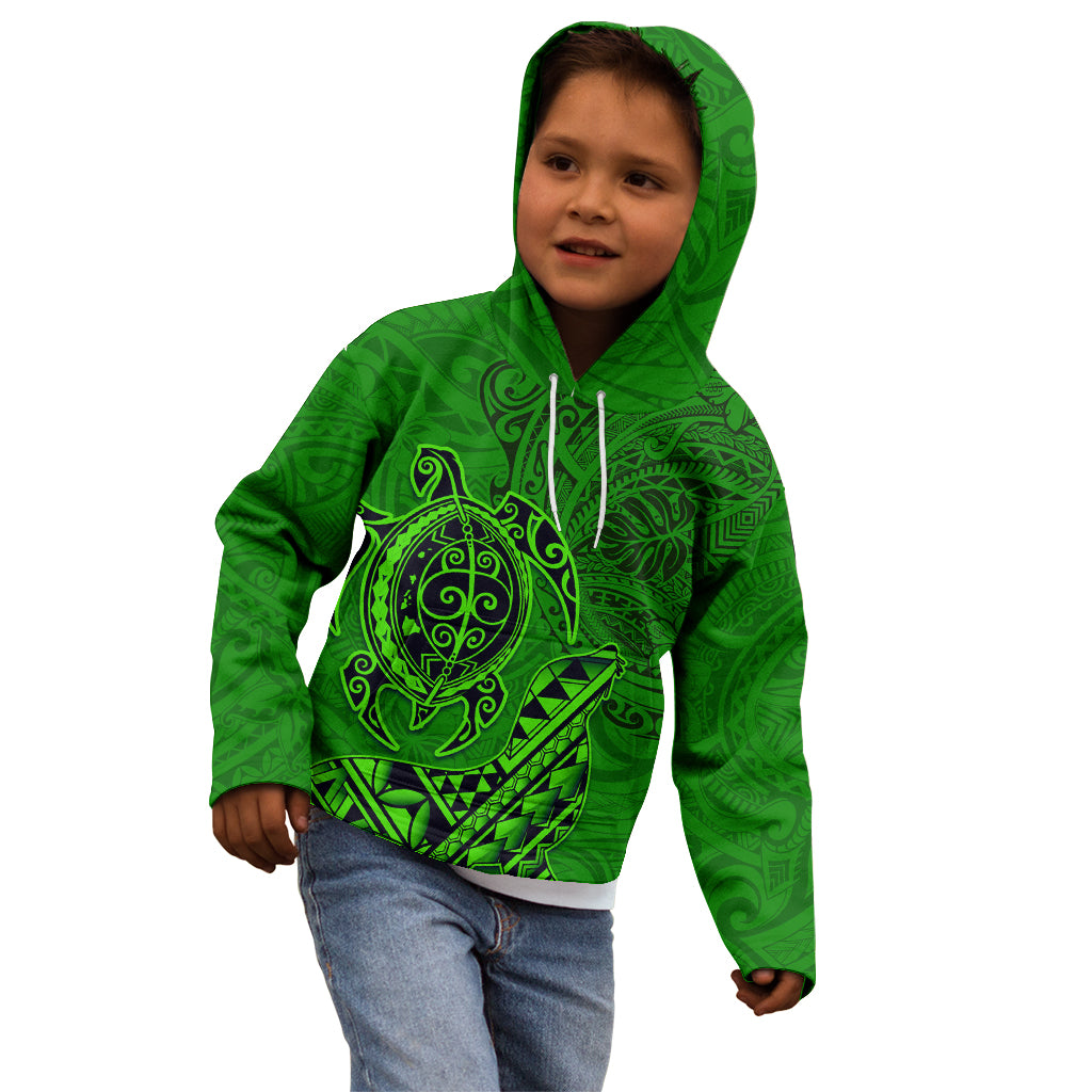 Hawaii Monk Seal and Dolphin Kid Hoodie Polynesian Kakau Pattern Green