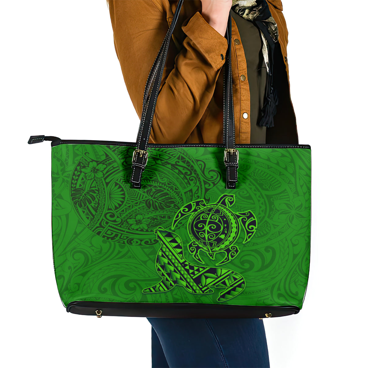 Hawaii Monk Seal and Dolphin Leather Tote Bag Polynesian Kakau Pattern Green