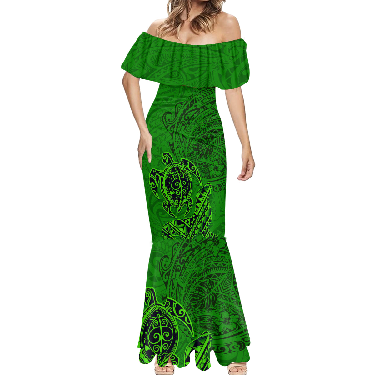 Hawaii Monk Seal and Dolphin Mermaid Dress Polynesian Kakau Pattern Green