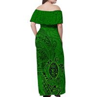 Hawaii Monk Seal and Dolphin Off Shoulder Maxi Dress Polynesian Kakau Pattern Green