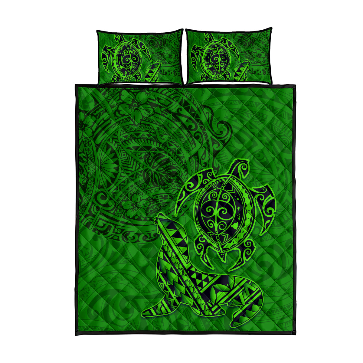 Hawaii Monk Seal and Dolphin Quilt Bed Set Polynesian Kakau Pattern Green