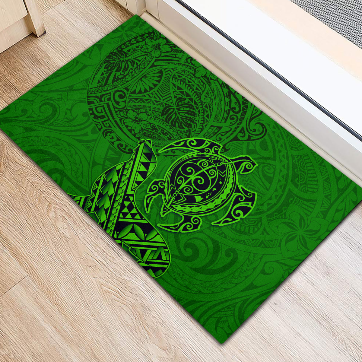 Hawaii Monk Seal and Dolphin Rubber Doormat Polynesian Kakau Pattern Green