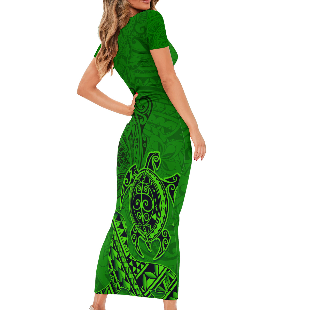 Hawaii Monk Seal and Dolphin Short Sleeve Bodycon Dress Polynesian Kakau Pattern Green