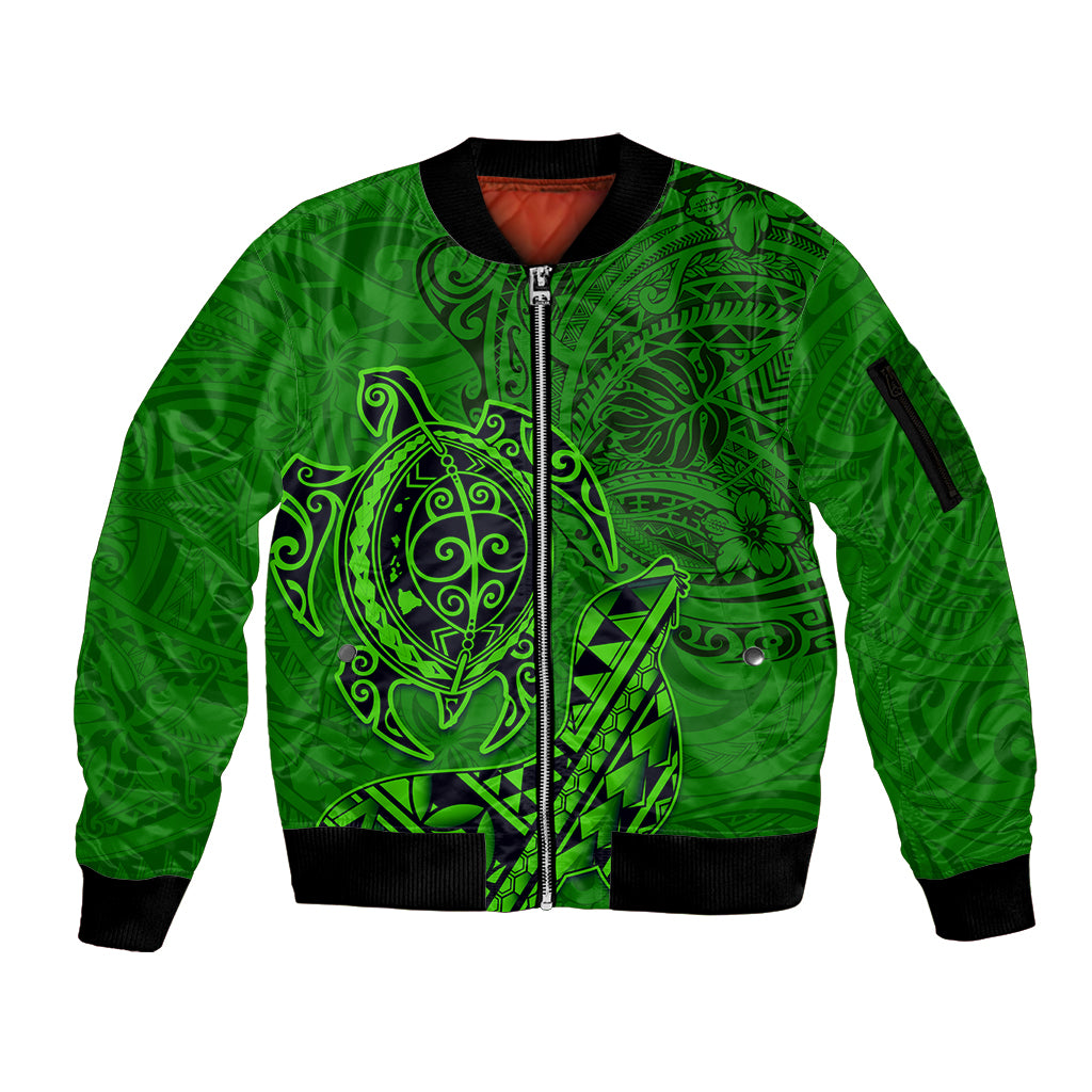 Hawaii Monk Seal and Dolphin Sleeve Zip Bomber Jacket Polynesian Kakau Pattern Green